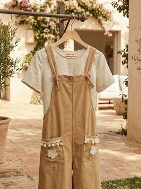 Beige 100% Cotton Overalls with Pom-Pom Pocket Detail.